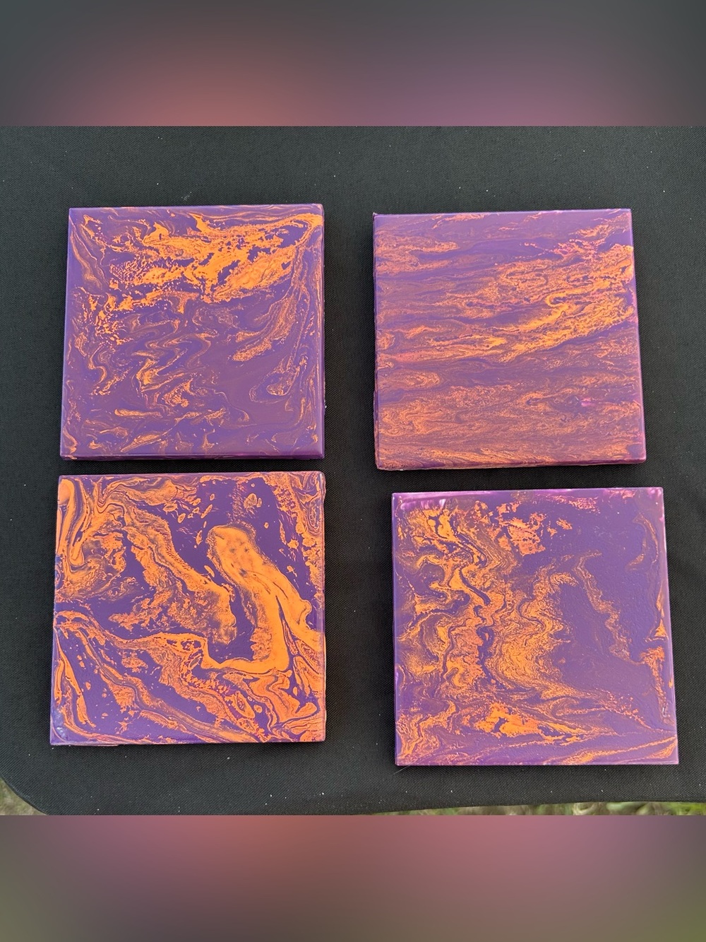 Hand Crafted Set of 4 Abstract Purple and Orange Marble Coasters